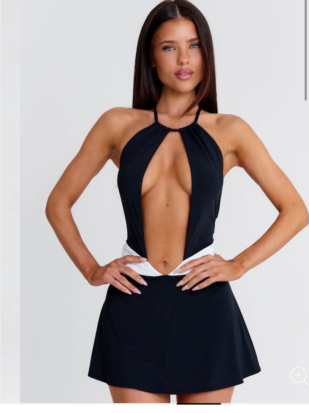 Black and White Plunge Halter Skater Dress